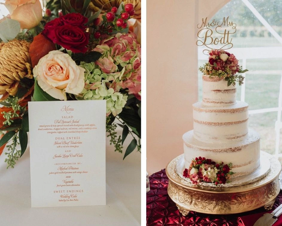 Wedding detail display featuring a floral centerpiece with roses and greenery beside a three-tier semi-naked wedding cake on a gold stand, styled with matching floral accents.