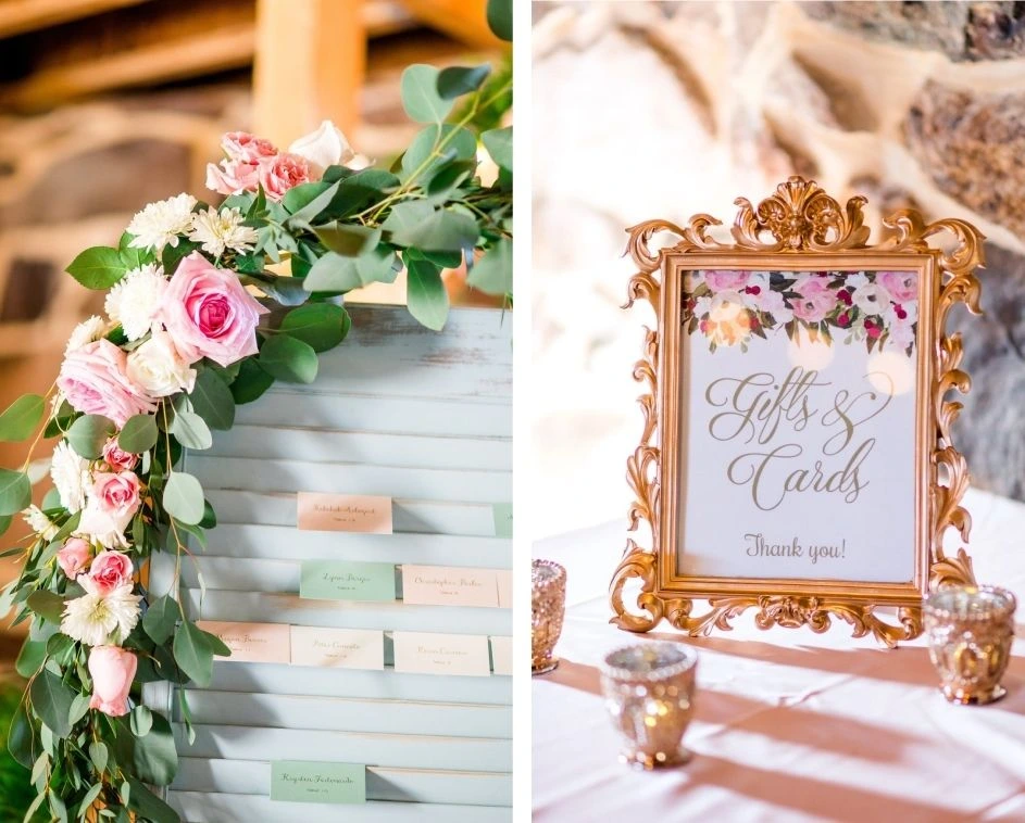 Side-by-side images showing a wedding escort card display decorated with pink and white flowers and greenery, and a gold-framed “Gifts & Cards” sign surrounded by votive candles on a reception table.