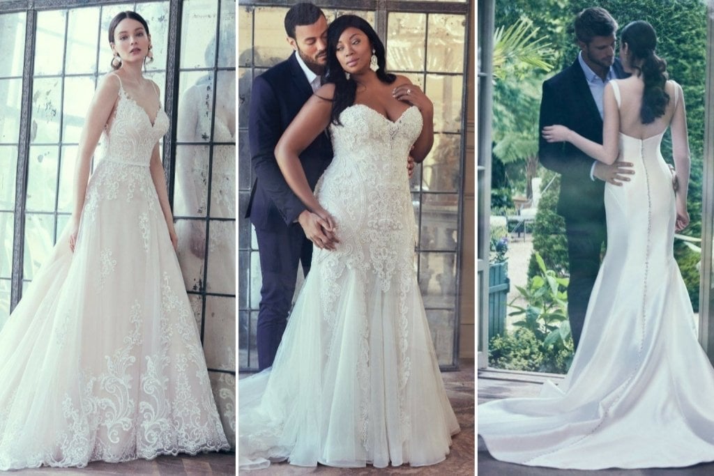 Beautiful New Maggie Sottero Wedding Gowns For The New Year Three bridal looks featuring lace wedding dresses, including an A-line gown with floral lace, a fitted lace dress with a sweetheart neckline, and a minimalist fitted gown with button-back detail, styled in elegant indoor and garden settings.