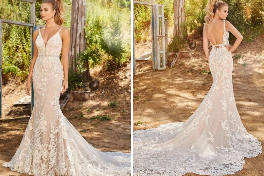Martin Thornburg Wedding Dresses: 15 Of Our Favorites Side-by-side images showing the front and back of a bride wearing a floral lace fit-and-flare wedding dress with a deep V-neckline, low open back, and a long lace train, photographed outdoors in a rustic garden setting.