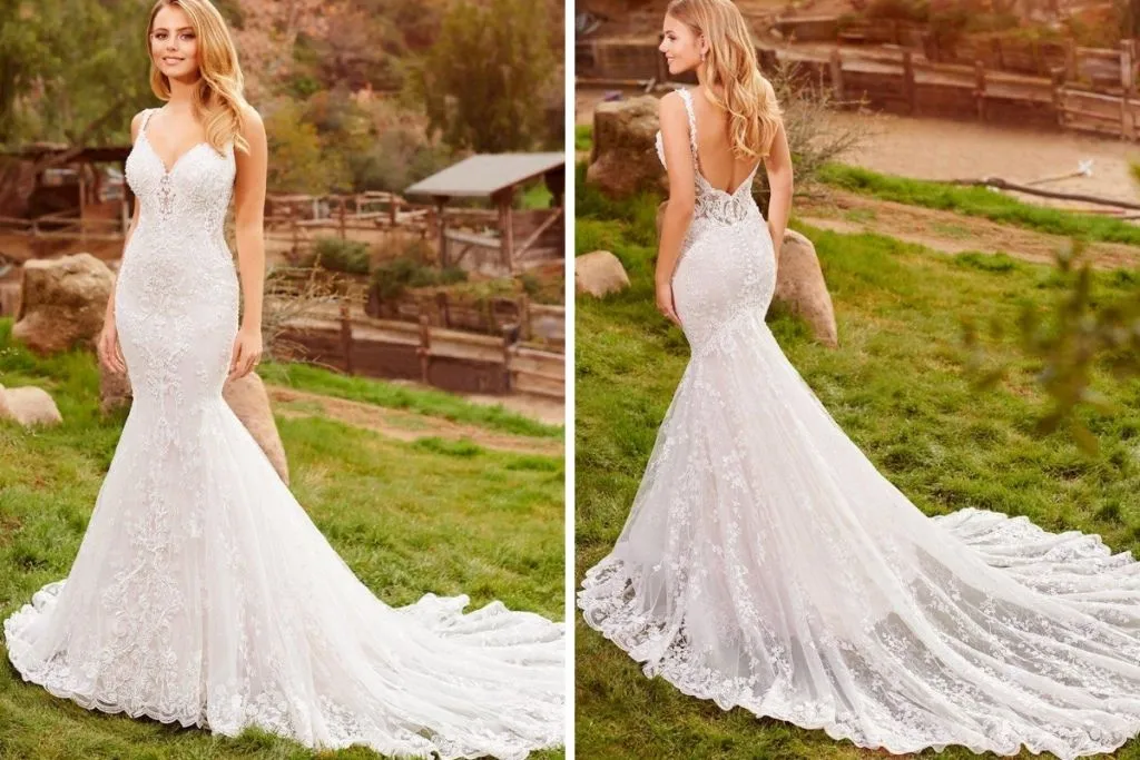 Martin Thornburg Wedding Dresses: 15 Of Our Favorites Side-by-side images showing the front and back of a bride wearing a lace mermaid wedding dress with a plunging neckline, fitted silhouette, and a long scalloped train, photographed outdoors in a rustic countryside setting.