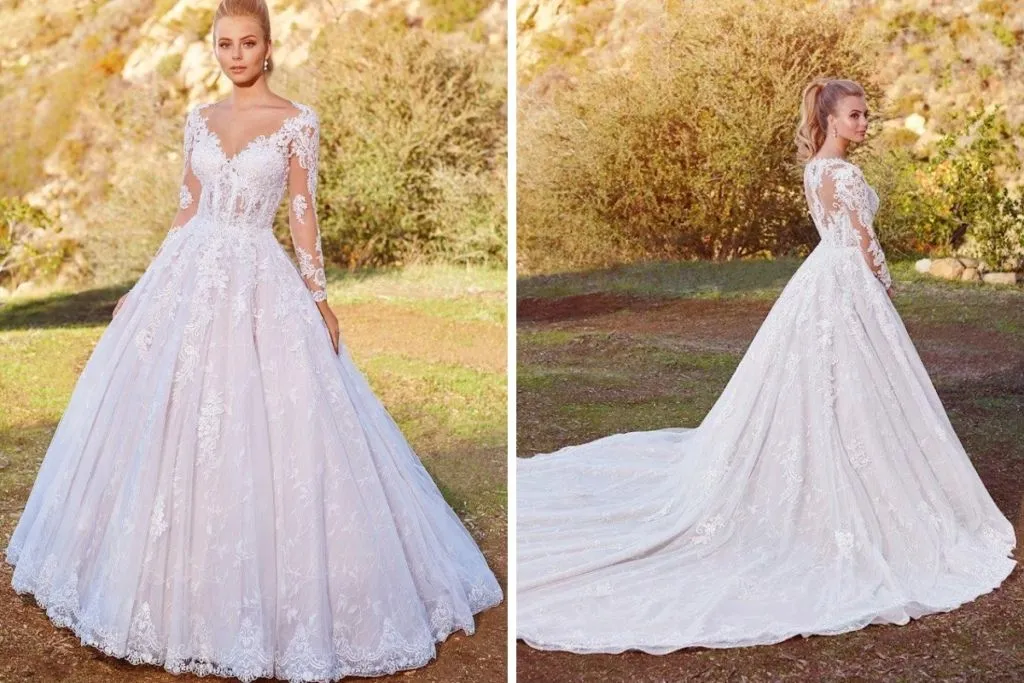 Martin Thornburg Wedding Dresses: 15 Of Our Favorites Side-by-side images showing the front and back of a bride wearing a long-sleeve lace ball gown wedding dress with an illusion neckline, floral appliqués, and an extended train, photographed outdoors in a natural hillside setting.