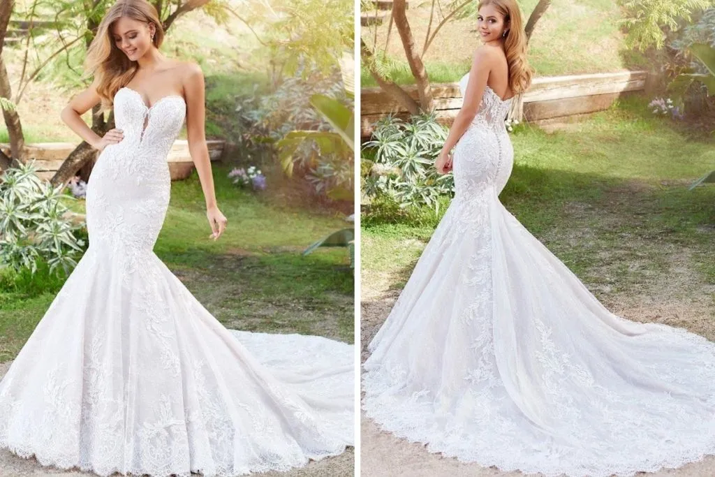 Martin Thornburg Wedding Dresses: 15 Of Our Favorites Side-by-side images showing the front and back of a bride wearing a strapless lace mermaid wedding dress with a sweetheart neckline, fitted silhouette, and dramatic lace train, photographed outdoors in a garden setting.