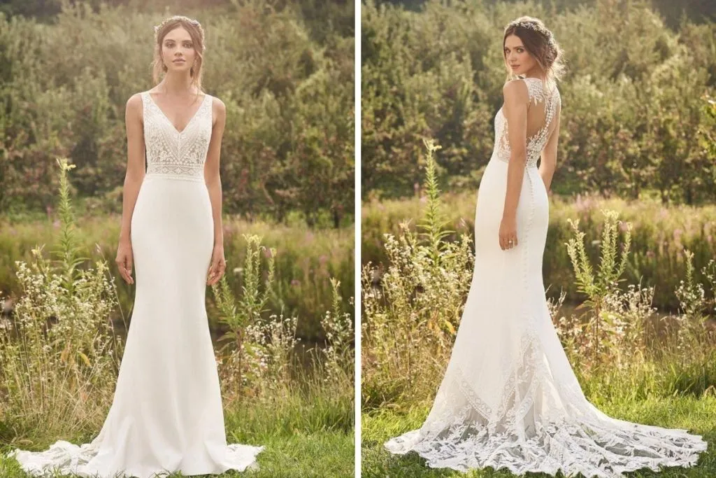 Lillian West Spotlight Event: September 2020 Side-by-side images showing the front and back of a bride wearing a lace-bodice fit-and-flare wedding dress with a V-neckline, low lace back, and a detailed train, photographed outdoors in a lush garden setting.