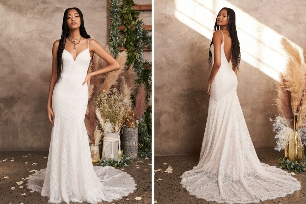 SNEAK PEEK: Lillian West 2022 Trunk Show Front and back views of a minimalist lace sheath wedding dress with delicate spaghetti straps, a fitted silhouette, low open back, and soft lace train, styled in a neutral studio setting by K&B Bridals.