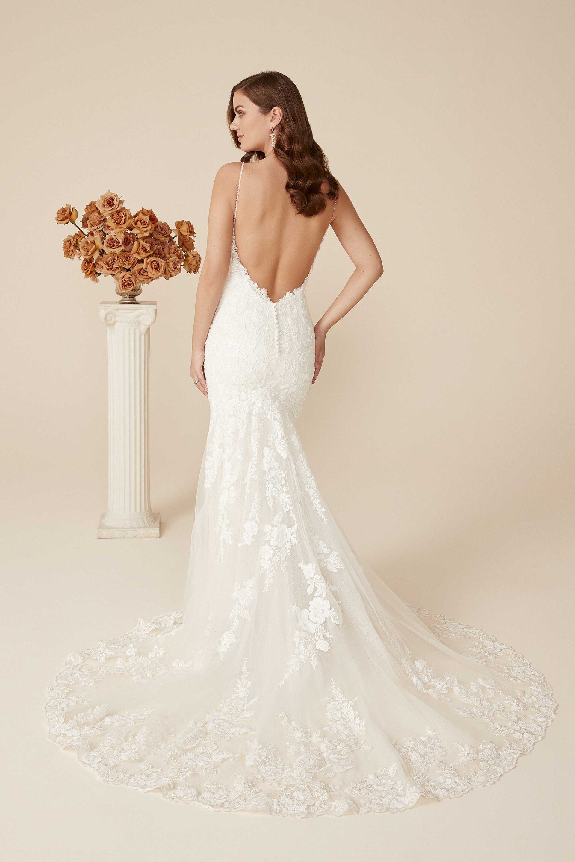 Low Back Beaded Lace Fitted Bridal Gown Deryn Justin Alexander Wedding Dresses in Maryland