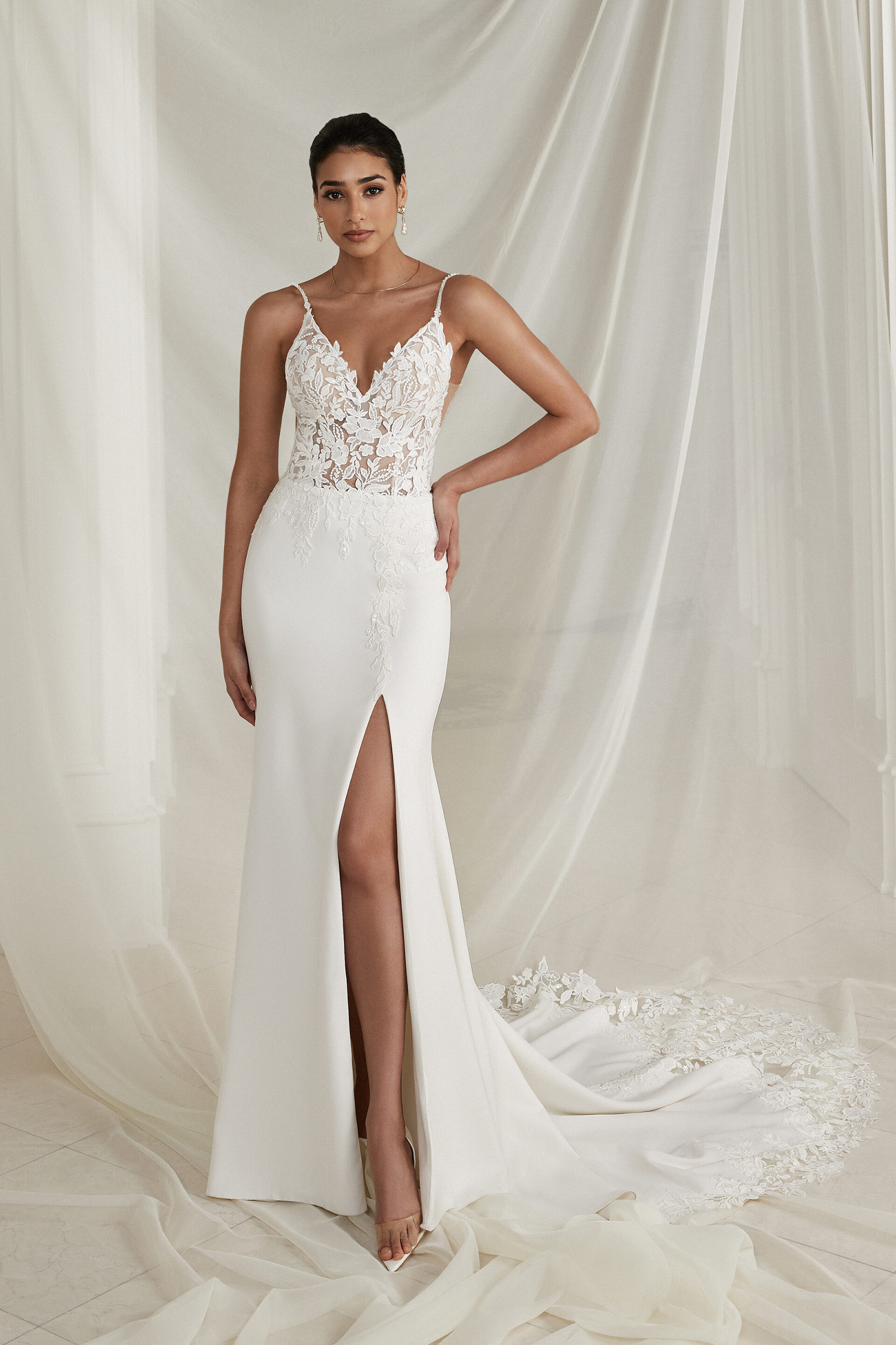 Lace and Crepe Sheath Wedding Dress With Slit Everley Justin Alexander Wedding Dresses in Maryland