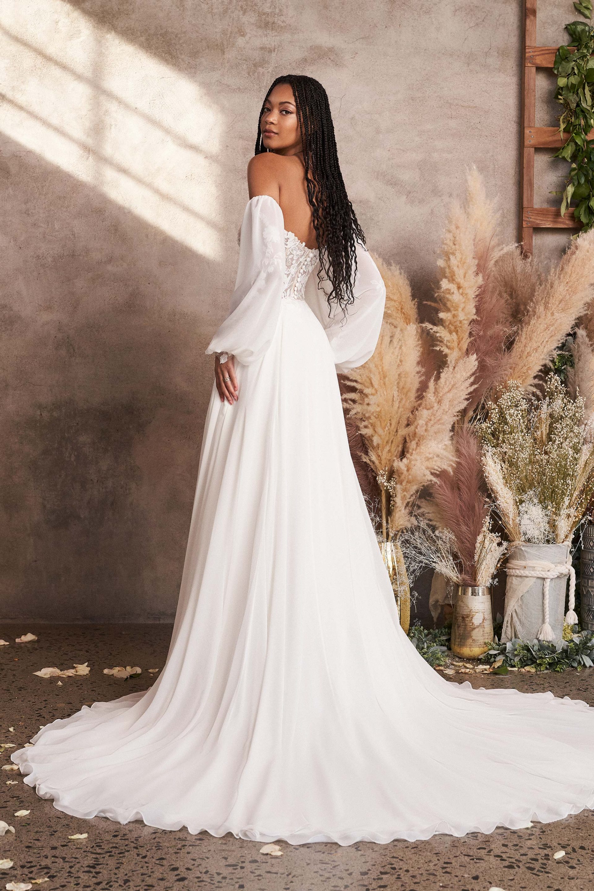 Chiffon A-Line Dress with Blouson Sleeves by Lillian West at K&B Bridals bridal shop in Bel Air Maryland