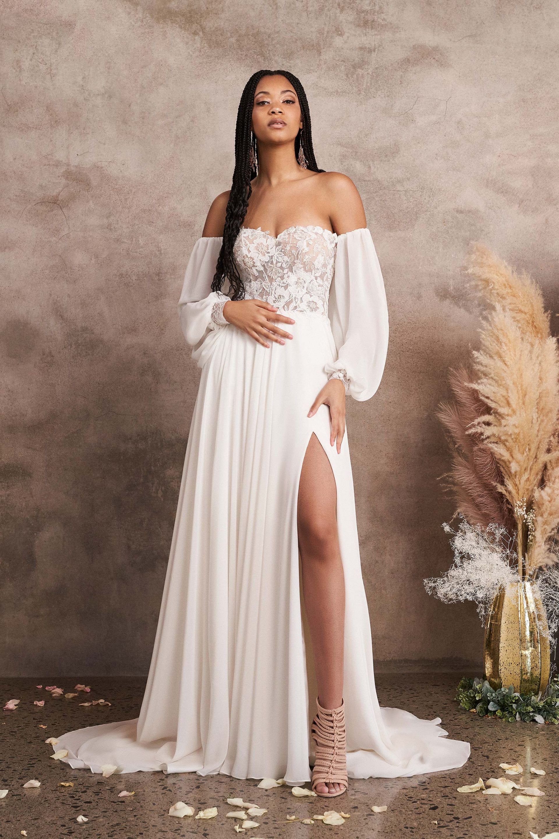 Chiffon A-Line Dress with Blouson Sleeves by Lillian West at K&B Bridals in Maryland