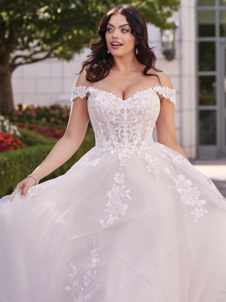 off-the-shoulder fairytale wedding dress in bel air maryland at K&B bridals