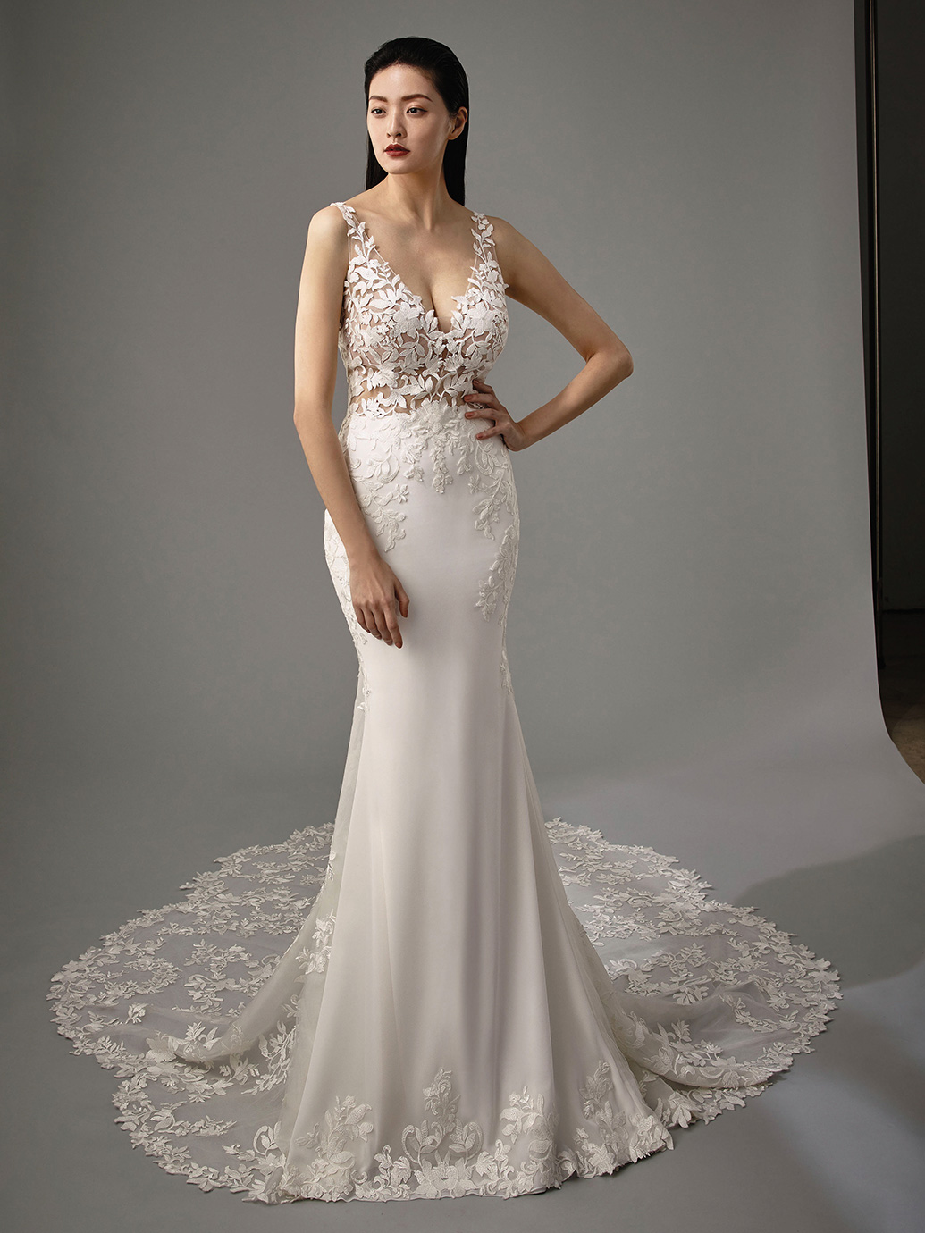 Lace and Crepe Mermaid Bridal Dress Malia by Enzoani at K&B Bridals in baltimore