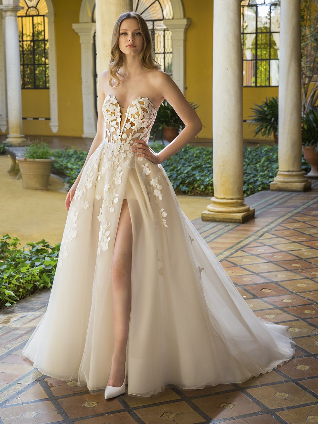 Modern Bridal Dress With High Slit Patience by Enzoani at K&B bridals bridal shop near baltimore maryland