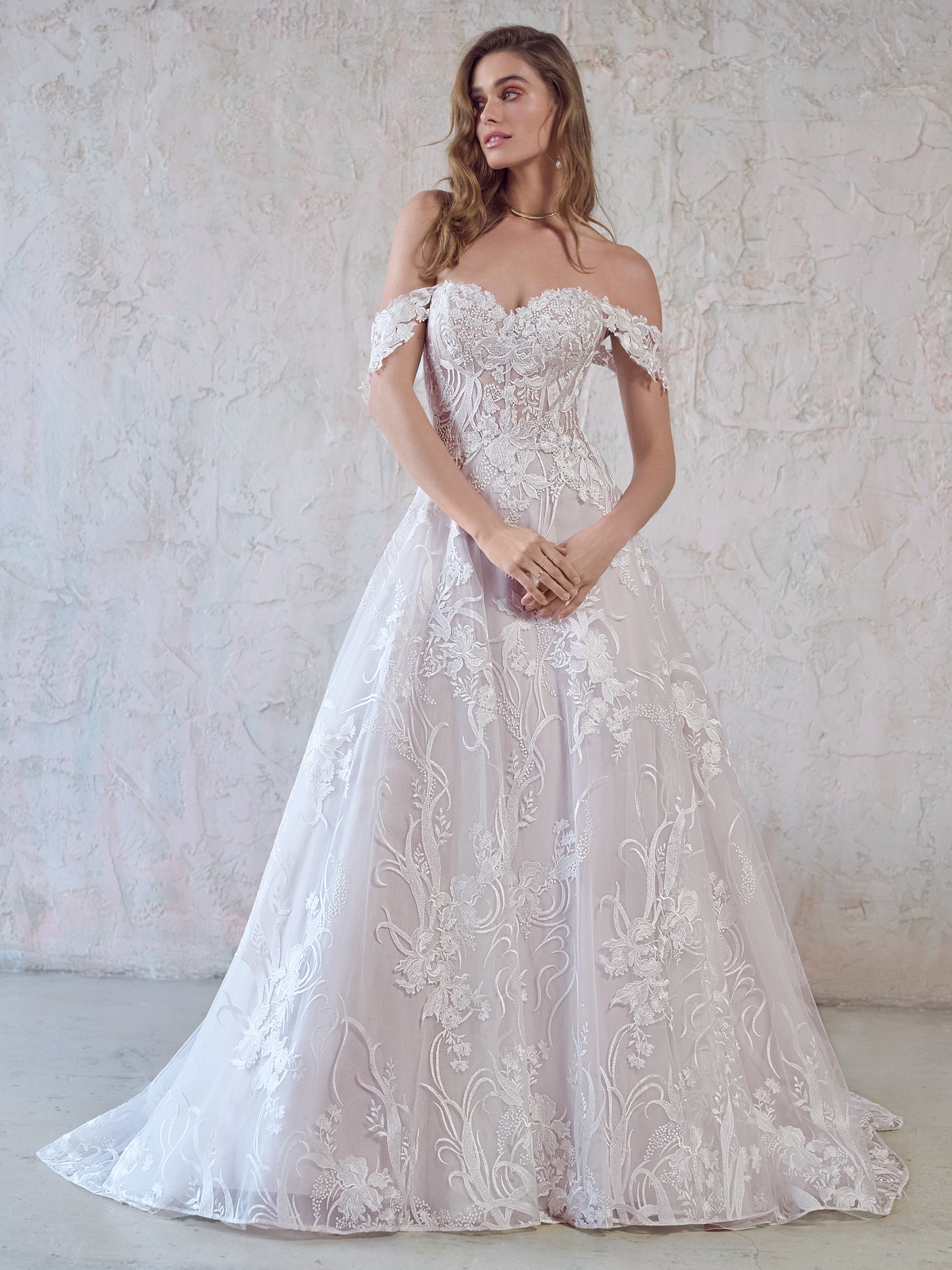 floral lace a line wedding dress from maggie sottero at K&B Bridals in Bel Air Maryland