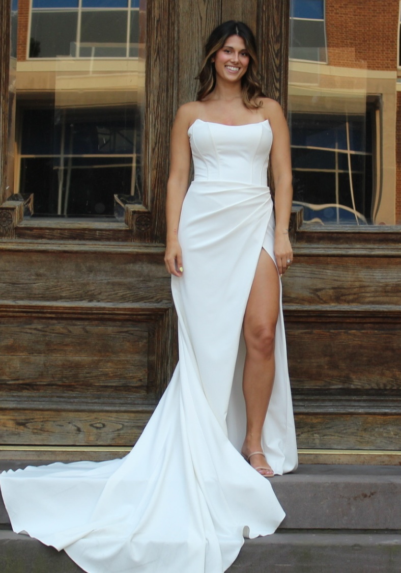 Crepe Bridal Gown With Slit at K&B bridals bridal shop in bel air maryland