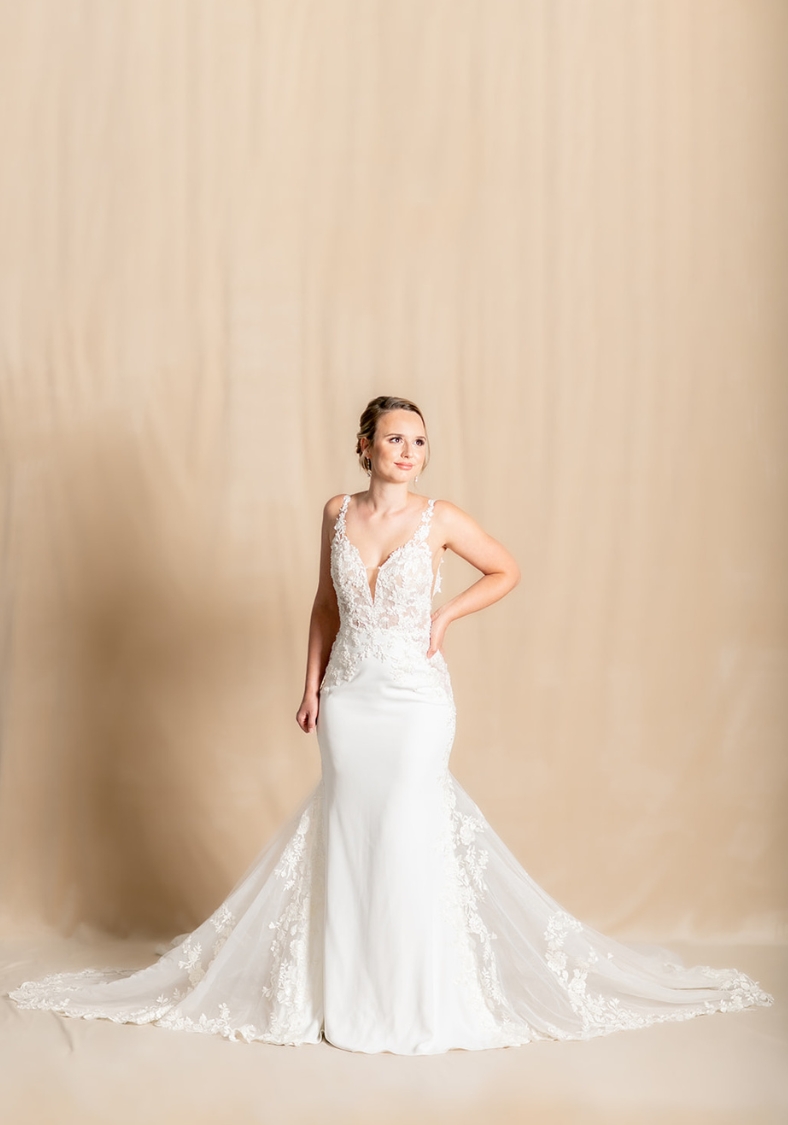 Dramatic Mermaid Gown With Crepe Skirt at K&B Bridals in Takoma park maryland and Hagerstown maryland