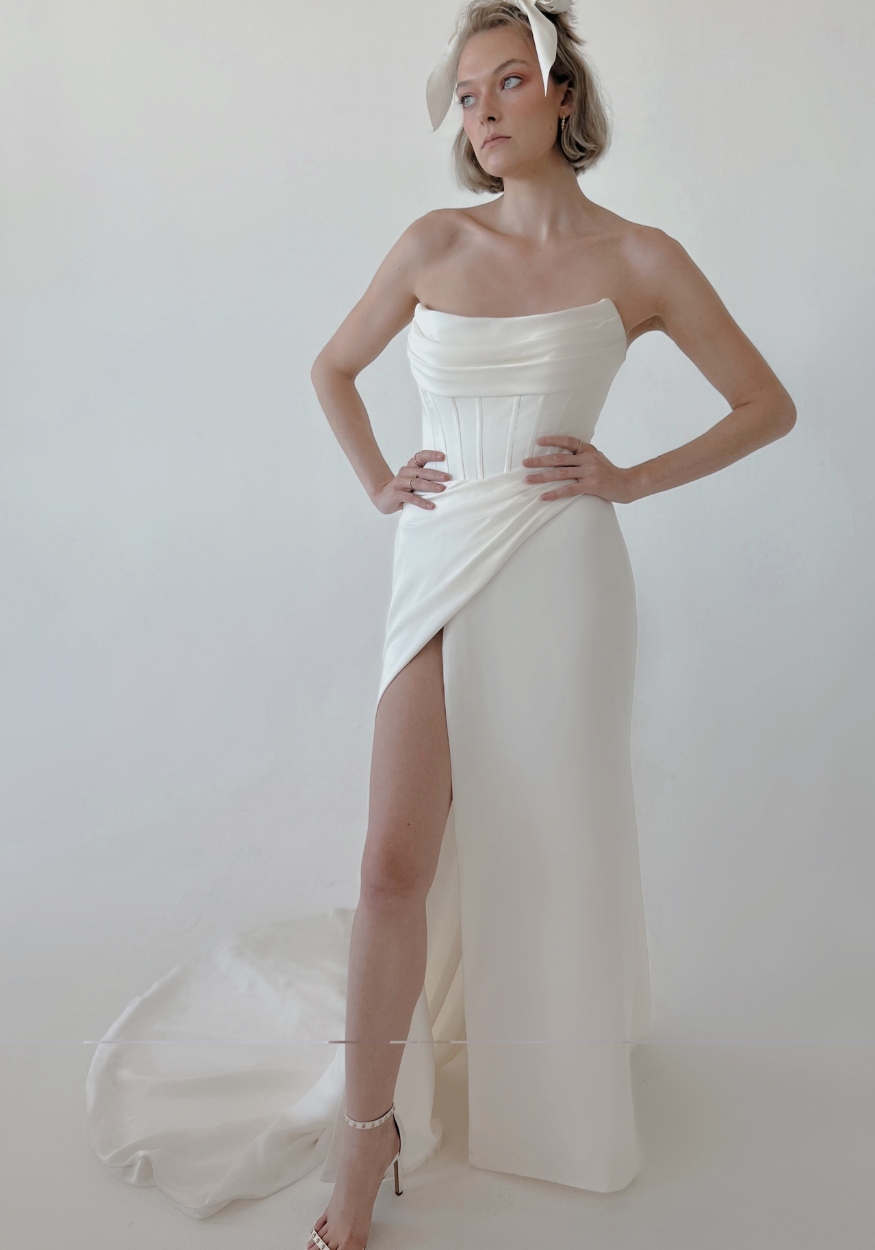 High Slit Satin Wedding Dress Tyra Colby John Bridal gowns washington dc