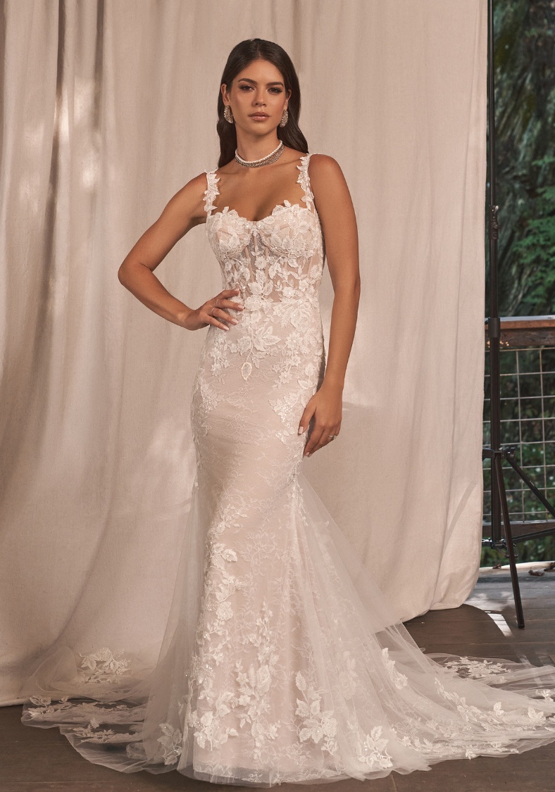 Lace Trumpet Wedding Dress With Exposed Boning from Lillian West at K&B Bridals bridal shop in Bel Air Maryland