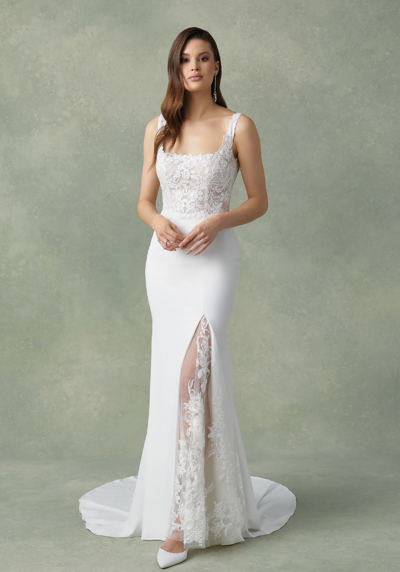 Lace and Crepe Fit and Flare Wedding Dress Florien Justin Alexander wedding dresses in Hagerstown Maryland