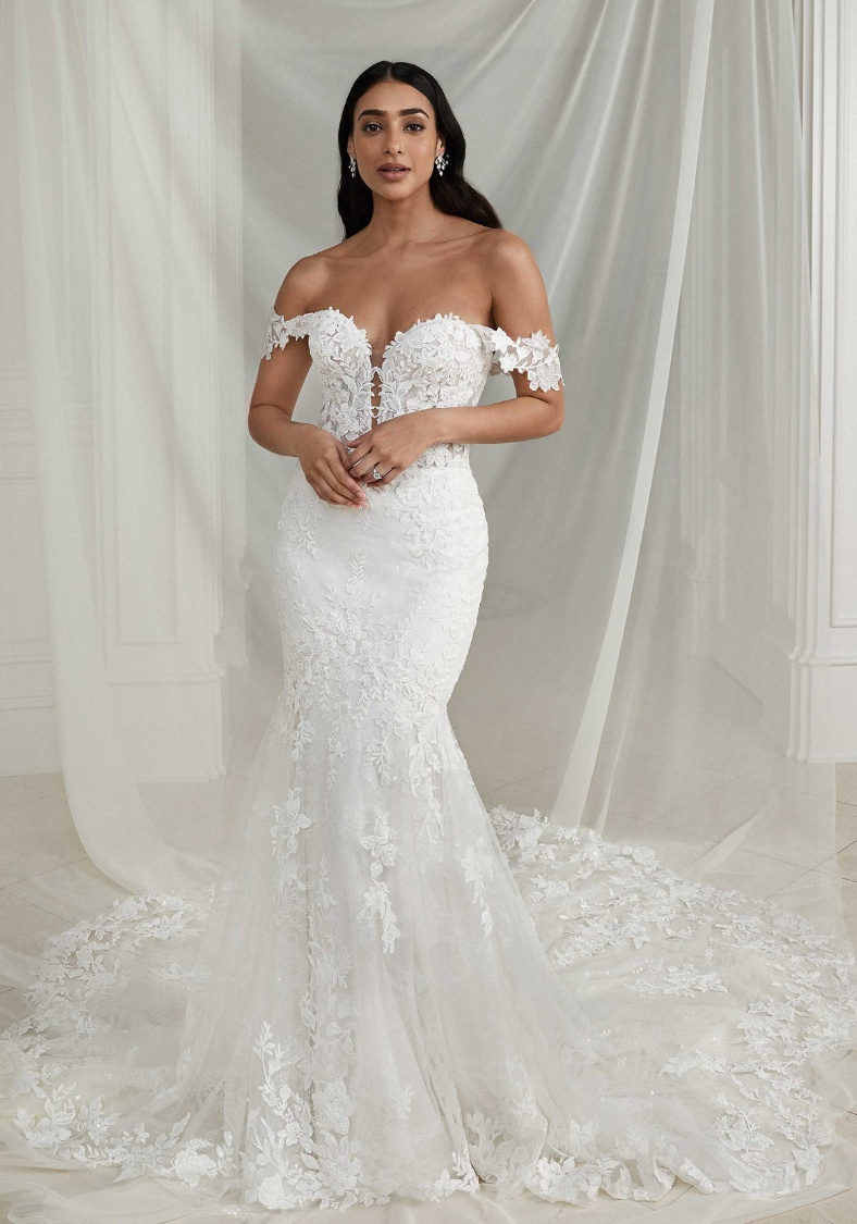 Off-the-Shoulder Lace Fit and Flare Bridal Gown Elissa Justin Alexander Wedding Dresses in Maryland