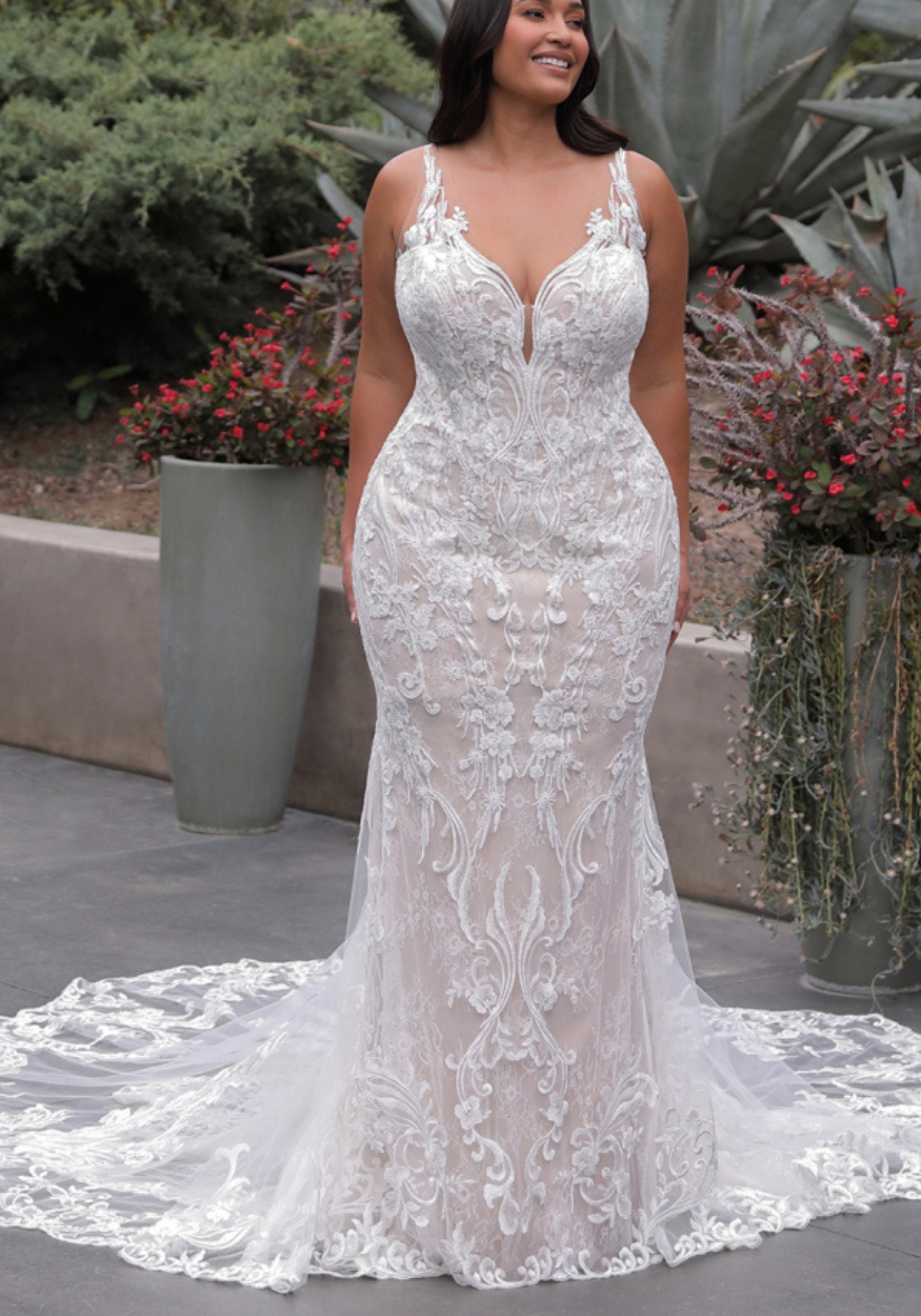 Plus Size V-Neck Classic Lace Sheath Wedding Dress at K&B Bridals bridal shop washington dc