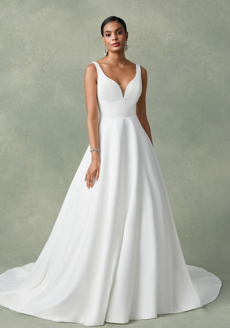 Satin A-Line Gown With Plunging V-Neckline Freeland Justin Alexander Wedding Dresses in Maryland