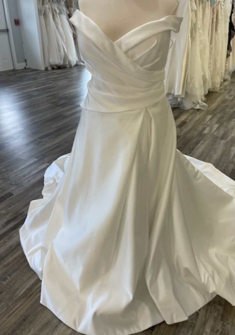 Satin Off-The-Shoulder Drop Waist Gown at K&B Bridals bridal shop frederick