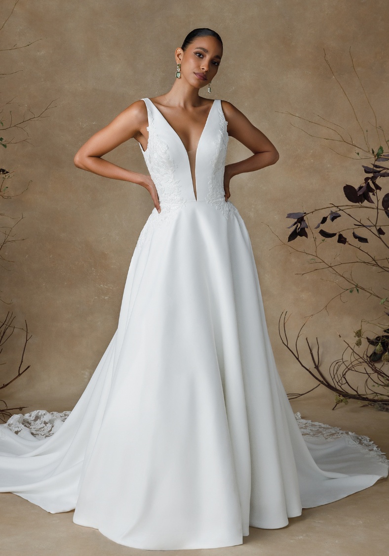 Satin Wedding Dress With Plunging V-Neck and Lace Gibson Justin Alexander Wedding Dresses in Maryland