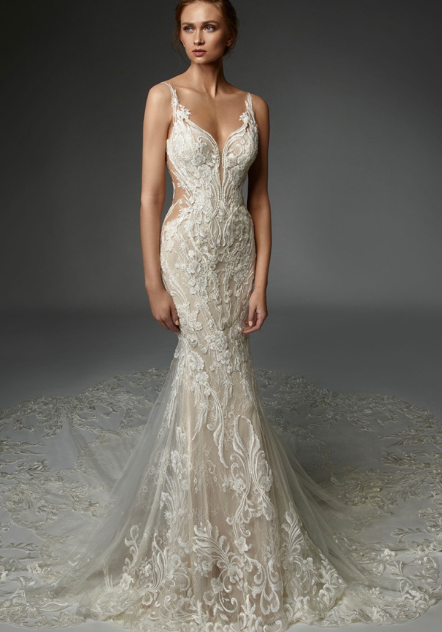 V-Neck Classic Lace Sheath Wedding Dress at K&B Bridals bridal shop washington dc