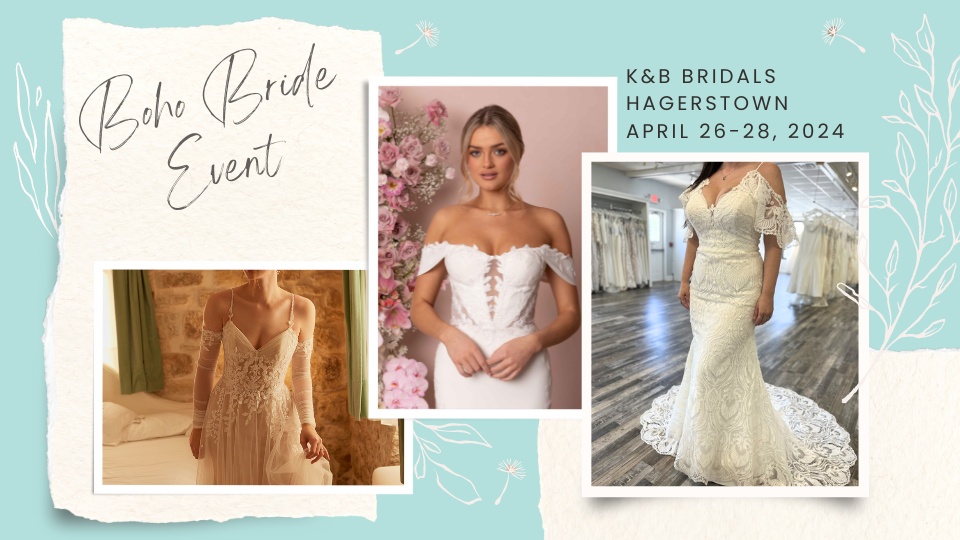 boho wedding dresses at K&B Bridals and tux in Hagerstown Maryland