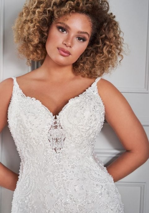 Curvy Beaded Lace Applique Satin Gown