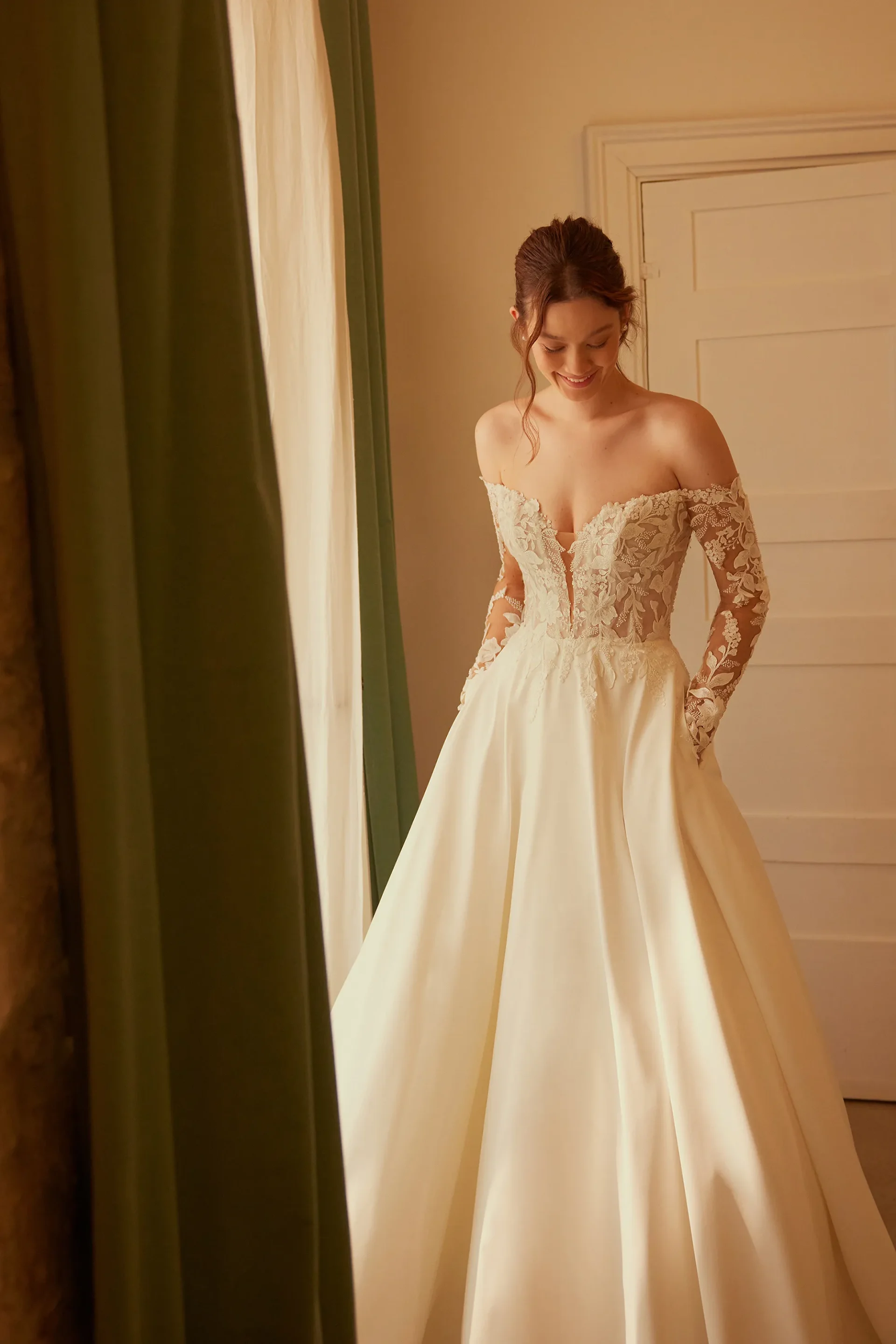 Long Sleeve Off-the-Shoulder Satin Ball Gown | Bella, K&B Bridals