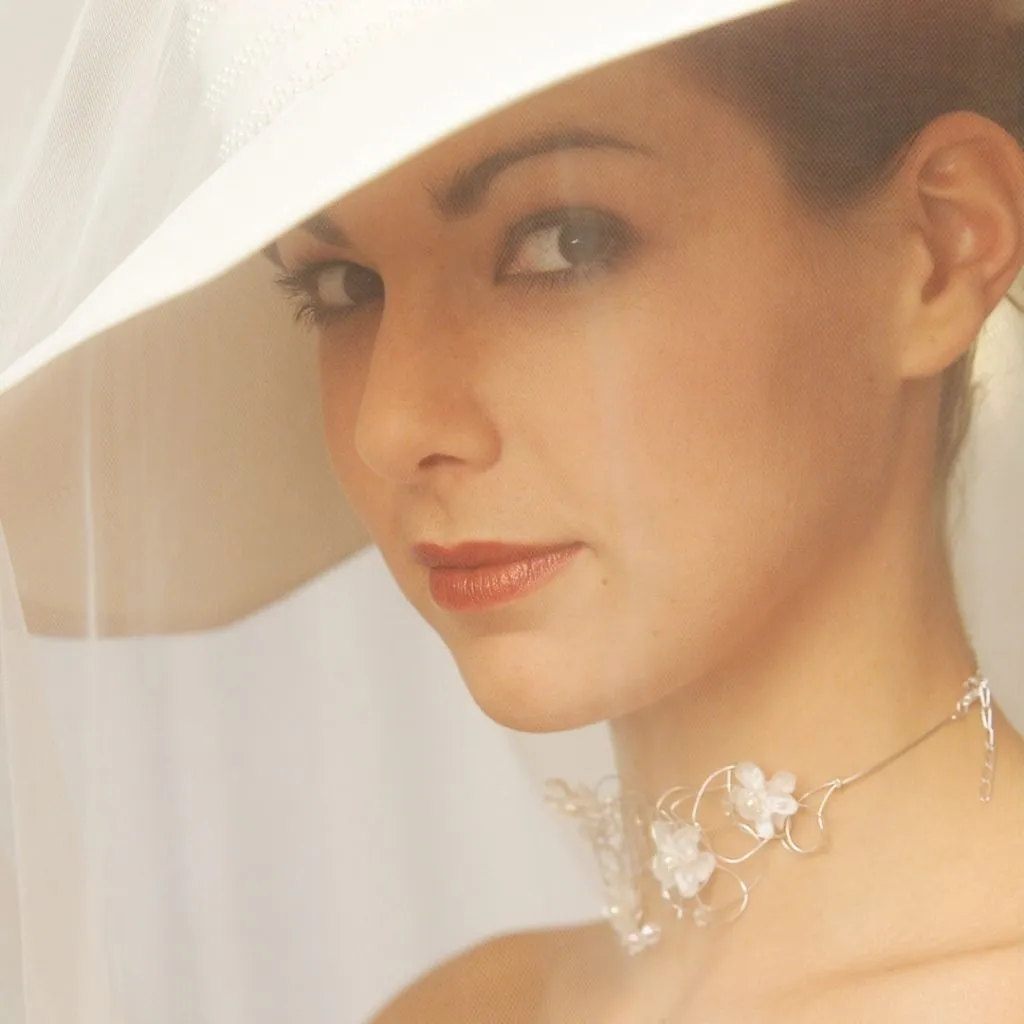 Close-up bridal portrait featuring a bride wearing a wide-brim hat with a sheer veil and a delicate floral choker necklace.