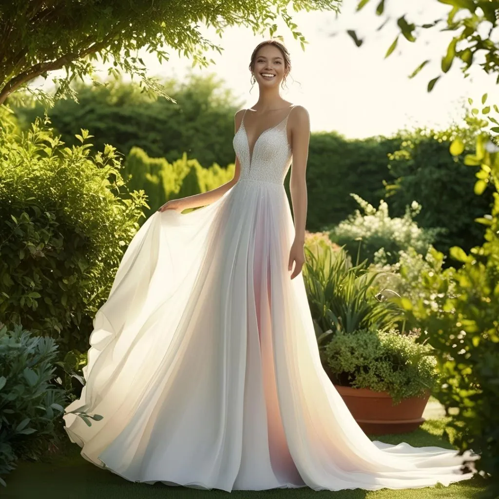 Bride wearing a flowy A-line wedding dress with a fitted beaded bodice and thin straps, standing in a sunlit garden while lifting the skirt for a soft, airy effect.
