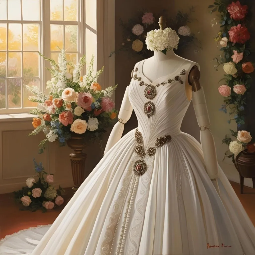 Elegant vintage-inspired wedding gown displayed on a mannequin, featuring ornate beaded embellishments and pleated detailing, surrounded by lush floral arrangements in a sunlit studio.