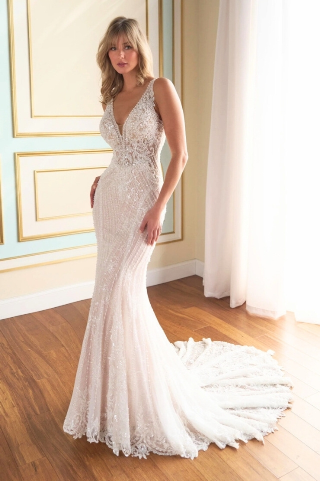 Sparkling embroidered fit and flare wedding gown with plunging V-neckline and sweeping train.