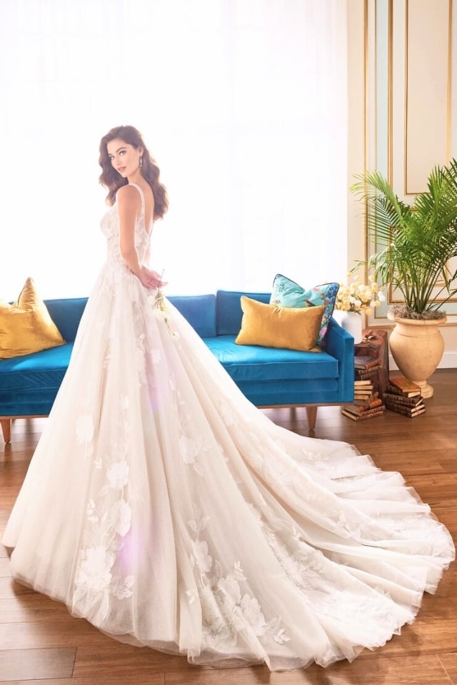 Square Neck Glitter Tulle Ball Gown MT5105 Blanca Glitter tulle ball gown with square neckline, floral embroidery, and full skirt.