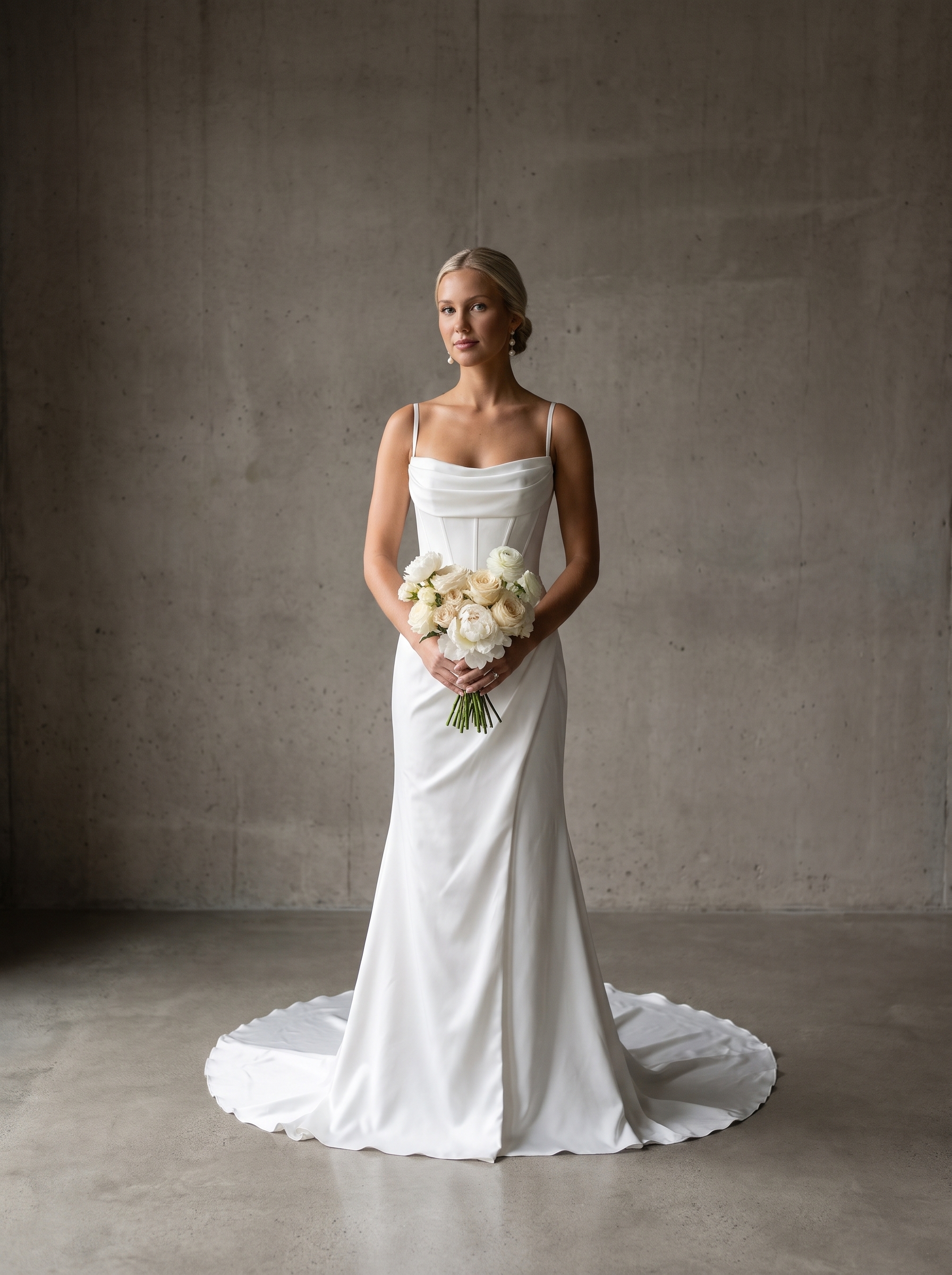 Wedding Dresses Collection Fit-and-flare wedding gown with thin straps, a draped scoop neckline, structured corset bodice, ruched waist detailing, and a sleek train.