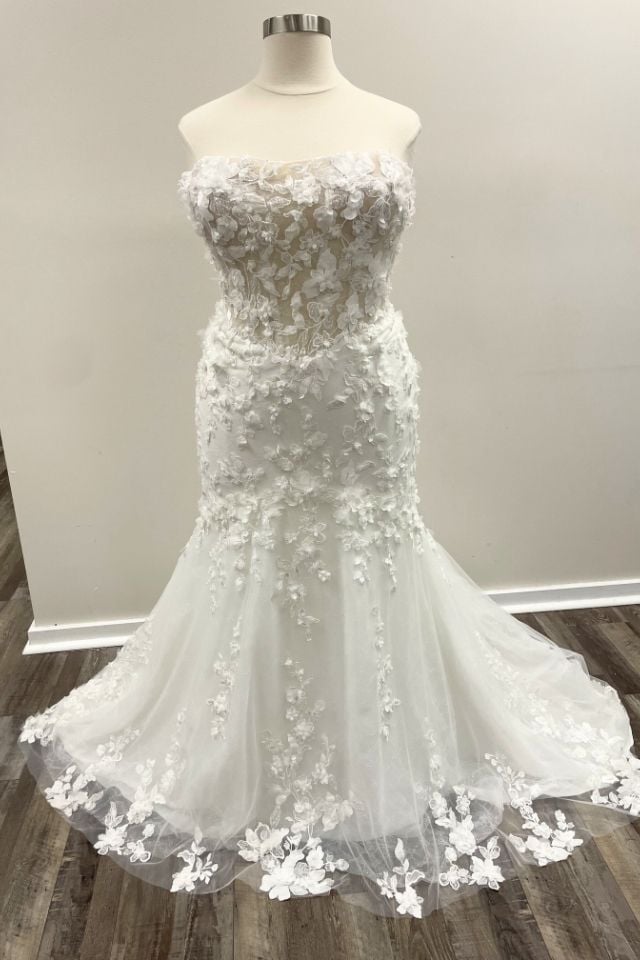 Strapless Floral Lace Fit-and-Flare Wedding Dress Karrigan Blake Strapless fit-and-flare wedding dress with sheer floral lace bodice and floral appliqué hem