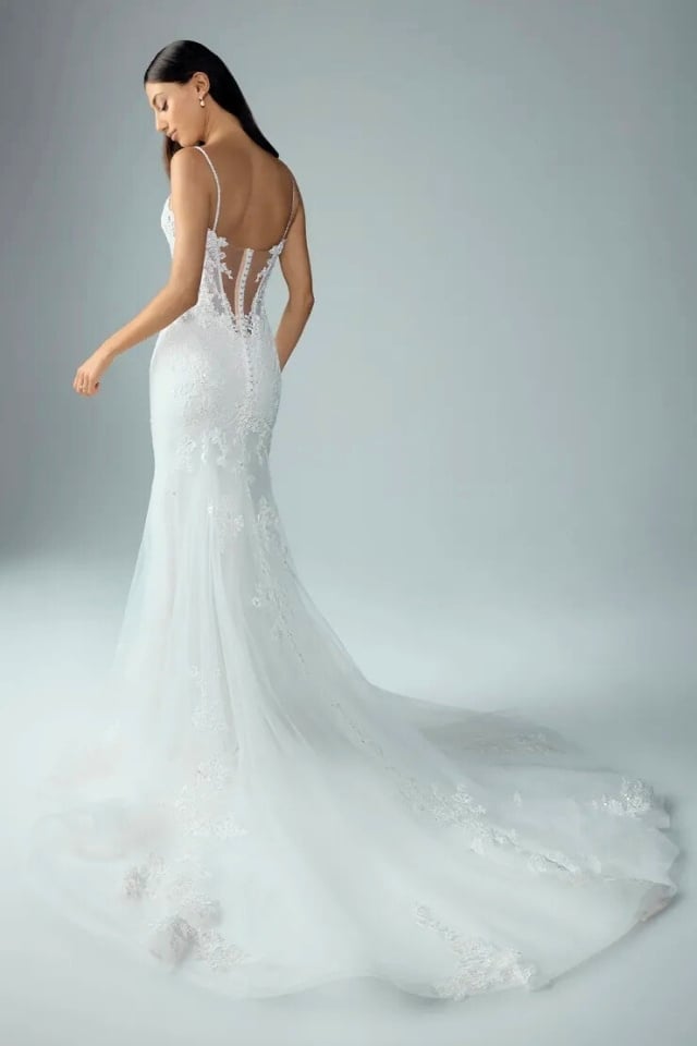 Fit and Flare Lace Wedding Gown Esme Style Y3224 Fit and flare lace wedding dress with spaghetti straps and glitter tulle train – Esme Style Y3224