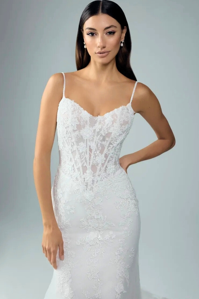 Fit and Flare Lace Wedding Gown Esme Style Y3224 Fit and flare lace wedding dress with spaghetti straps and glitter tulle train – Esme Style Y3224