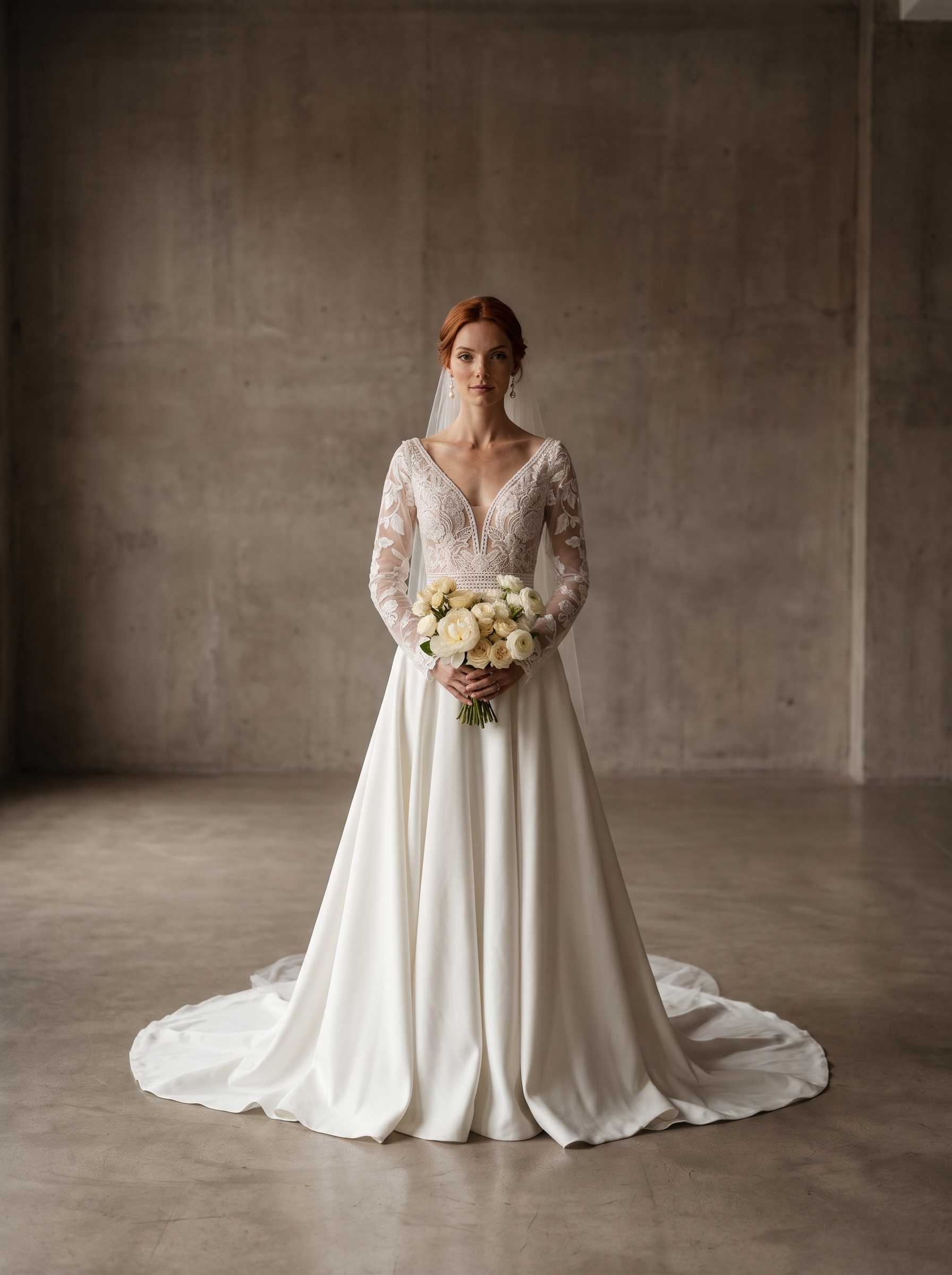 Ball gown wedding dress with a V-neckline, sheer lace long sleeves, an illusion lace bodice, satin skirt, and flowing train.