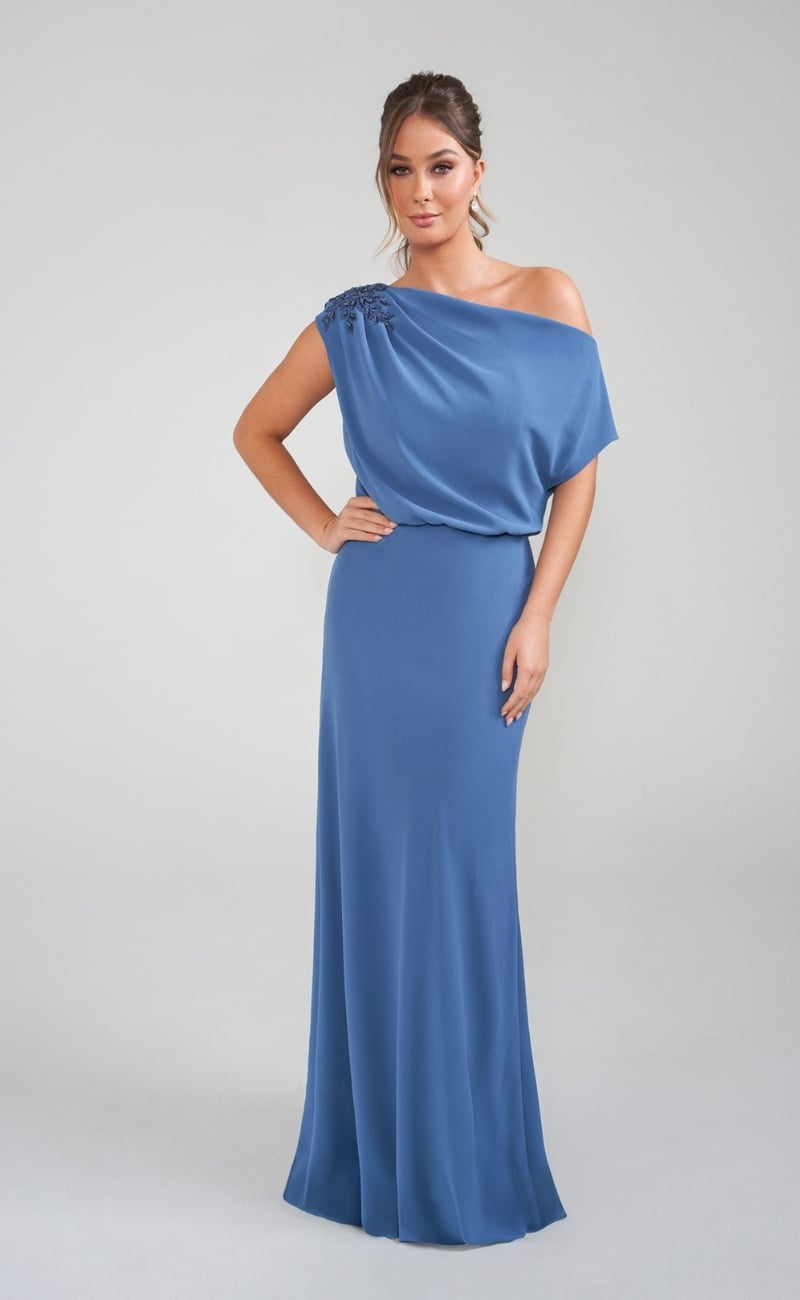 Modern stretch crepe fit-and-flare wedding dress featuring a softly draped bodice with hand-beaded appliqué detailing