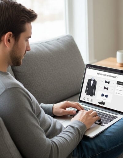 Groom placing a tuxedo order online using K&B Bridals’ tuxedo builder, customizing a formalwear look from home as part of the tuxedo ordering process