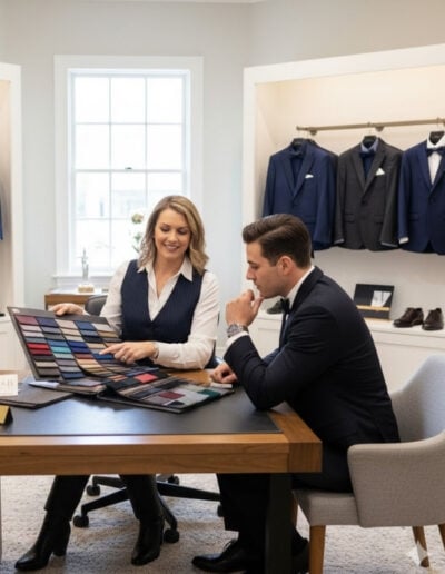 A professional bridal stylist at K&B Bridals in Bel Air, Maryland, sits at a wooden table with a groom, showing him a swatch book of fabric samples and tie colors in a bright, modern showroom with tuxedos displayed in the background.