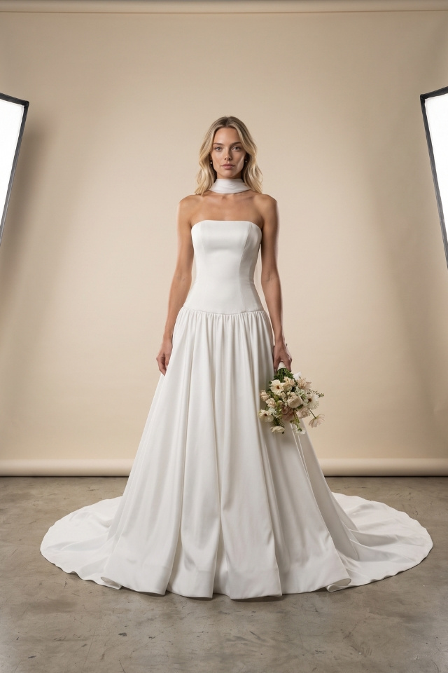 Wedding Dresses Collection Strapless matte satin ball gown wedding dress with a sculpted asymmetric neckline, drop waist, full gathered skirt, and sweeping train.