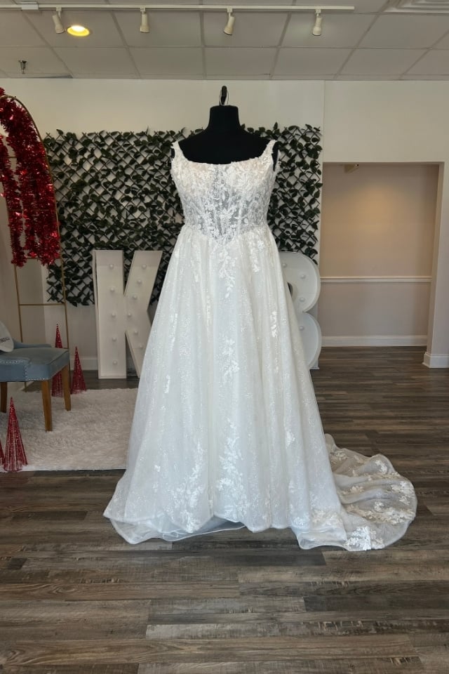 Page Updates & Announcements Lace strap A-line wedding dress with glitter tulle skirt and floral appliqués displayed on mannequin in bridal boutique.