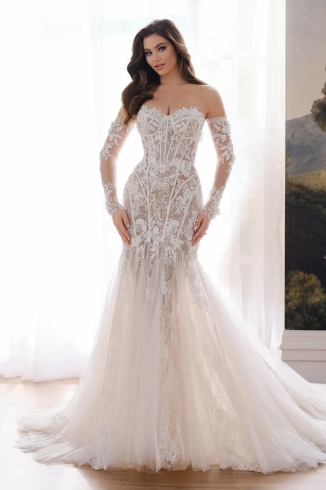 Lace Mermaid Wedding Gown Antonia Lace mermaid wedding gown with sweetheart neckline and detachable lace sleeves.