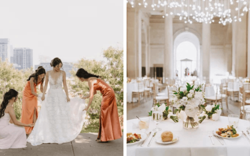 Wedding Catering Tips: How to Choose the Right Caterer for Your Big Day two photos; the first photo, bridesmaids are fixing the bride's wedding dress, and the second photo is the reception dining