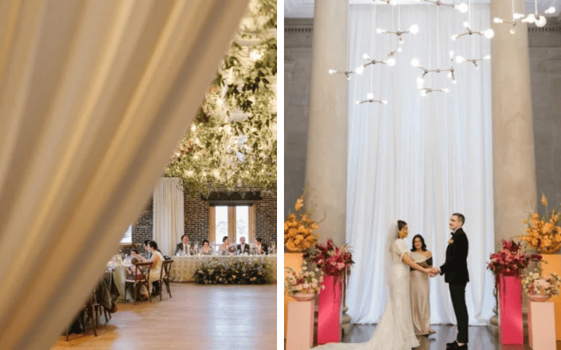 Wedding Catering Tips: How to Choose the Right Caterer for Your Big Day two photos: first photo shows the dining hall and the second photo shows bride and groom holding hands