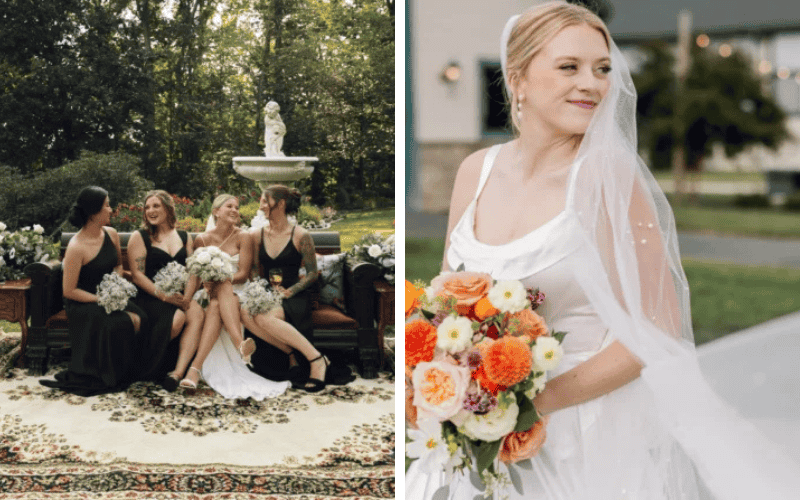 Wedding Catering Tips: How to Choose the Right Caterer for Your Big Day two photos: first photo shows bridesmaid and bride laughing in a garden bench and the second photo looks at bride looking away with a flower